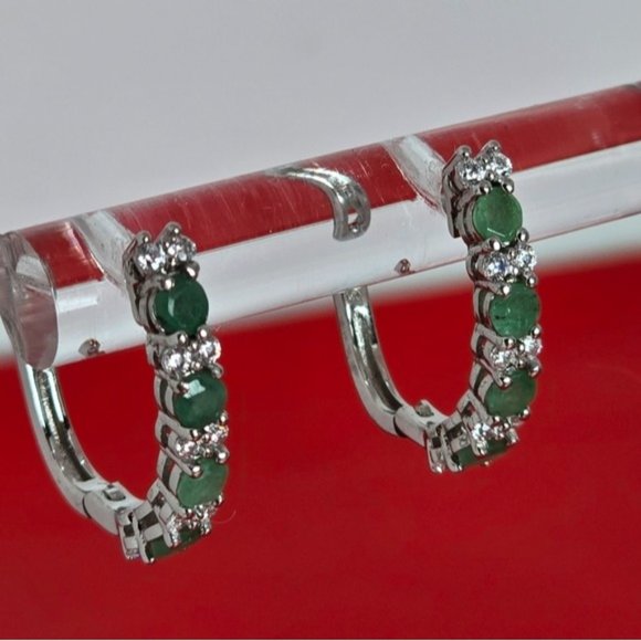 925 Sterling Silver Earrings with Natural Emerald with CZ - Picture 6 of 7